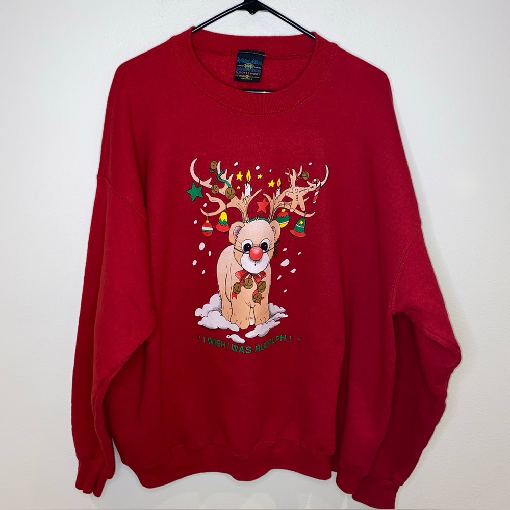 Vintage Robert Allan Red Holiday Sweatshirt “I Wish I‎ was Rudolph” Size XL USA